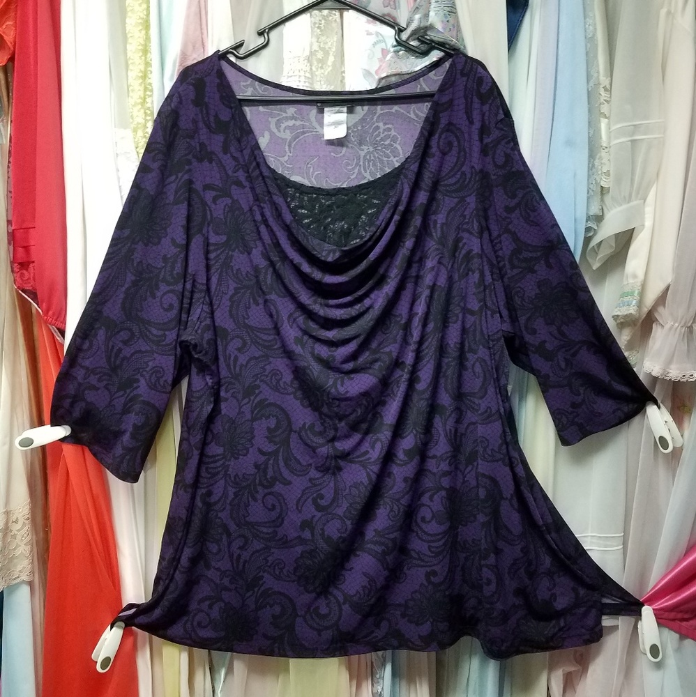 NWOT!! JMS Purple Top Blouse Black Lace plus sz 4X